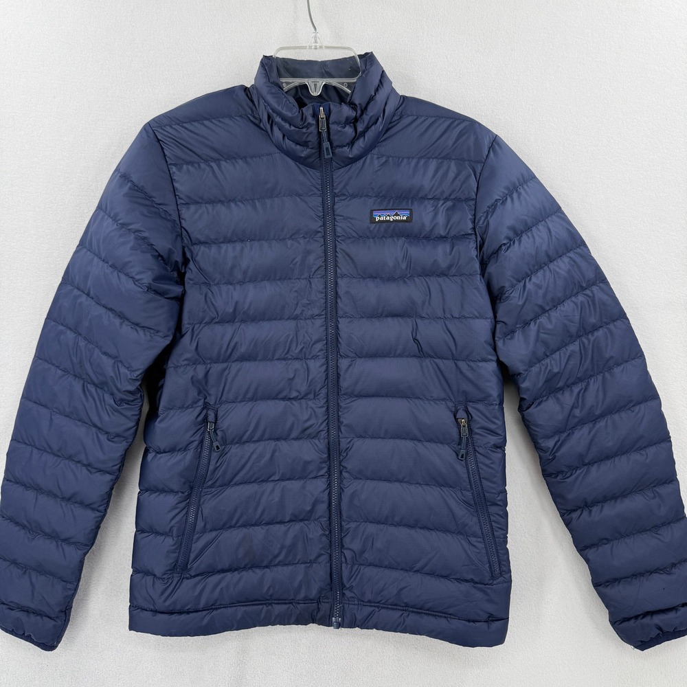 Patagonia Down Puffer Jacket Mens XS Navy Blue Full Zip Light Stains 84674